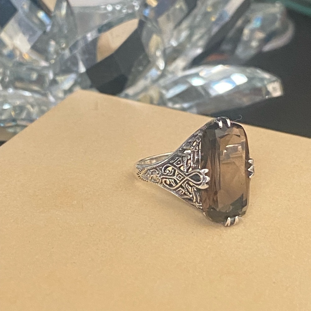Sterling SILVER SMOKY QUARTZ Vintage Setting Ring, Oblong, Filigree Size 7.5